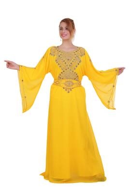 Yellow Zari Stone Work Georgette Islamic Style Beads Embedded Partywear Kaftan Long Gown Evening wear Dubai kaftan 2