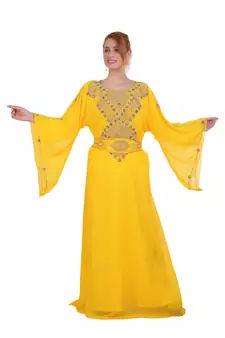 Yellow Zari Stone Work Georgette Islamic Style Beads Embedded Partywear Kaftan Long Gown Evening wear Dubai kaftan