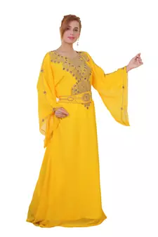 Yellow Zari Stone Work Georgette Islamic Style Beads Embedded Partywear Kaftan Long Gown Evening wear Dubai kaftan
