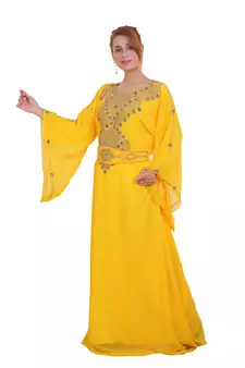 Yellow Zari Stone Work Georgette Islamic Style Beads Embedded Partywear Kaftan Long Gown Evening wear Dubai kaftan