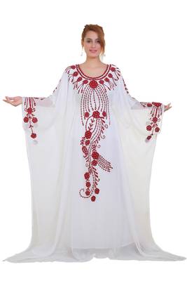 White Ari Work Georgette Islamic Style Stone Embedded Partywear Kaftan Long Gown Evening wear Dubai kaftan 1
