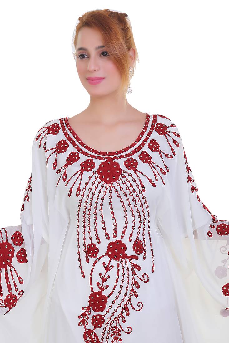 White Ari Work Georgette Islamic Style Stone Embedded Partywear Kaftan Long Gown Evening wear Dubai kaftan