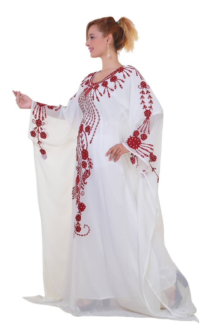 White Ari Work Georgette Islamic Style Stone Embedded Partywear Kaftan Long Gown Evening wear Dubai kaftan