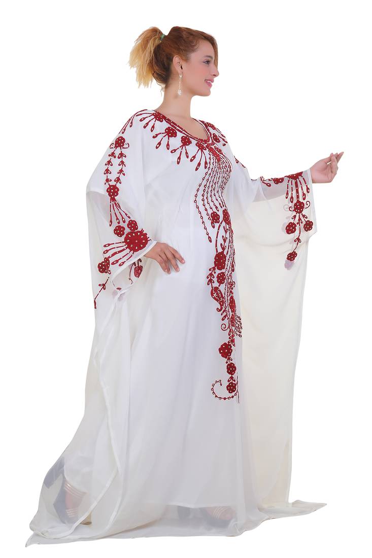 White Ari Work Georgette Islamic Style Stone Embedded Partywear Kaftan Long Gown Evening wear Dubai kaftan