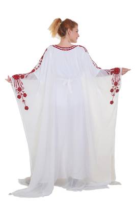 White Ari Work Georgette Islamic Style Stone Embedded Partywear Kaftan Long Gown Evening wear Dubai kaftan 5