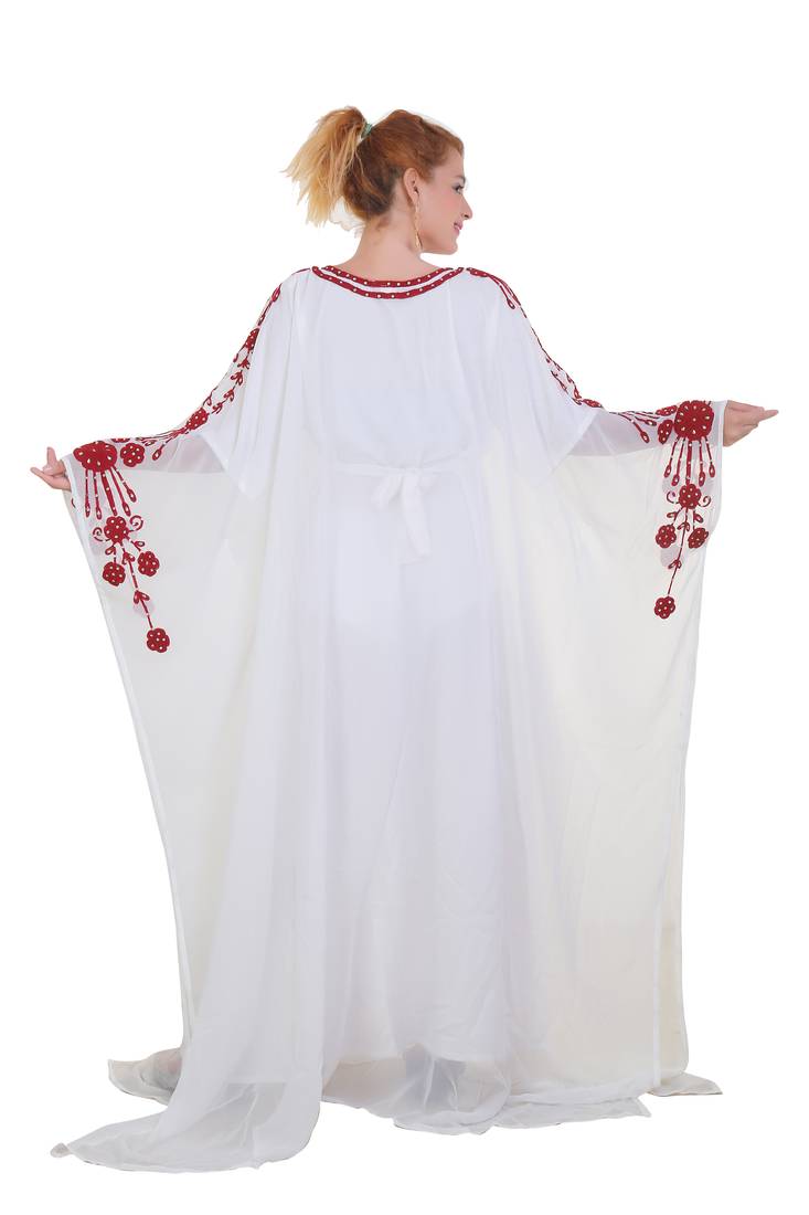 White Ari Work Georgette Islamic Style Stone Embedded Partywear Kaftan Long Gown Evening wear Dubai kaftan