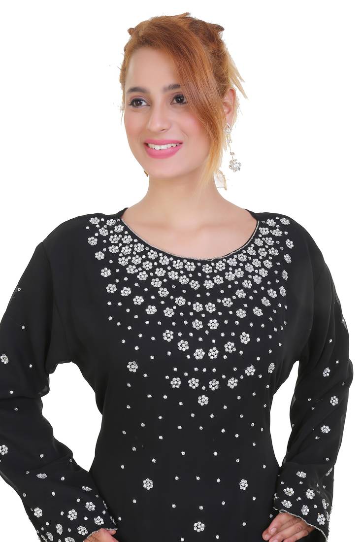 Black Zari Stone Work Georgette Islamic Style Beads Embedded Partywear Kaftan Long Gown Evening wear Dubai kaftan