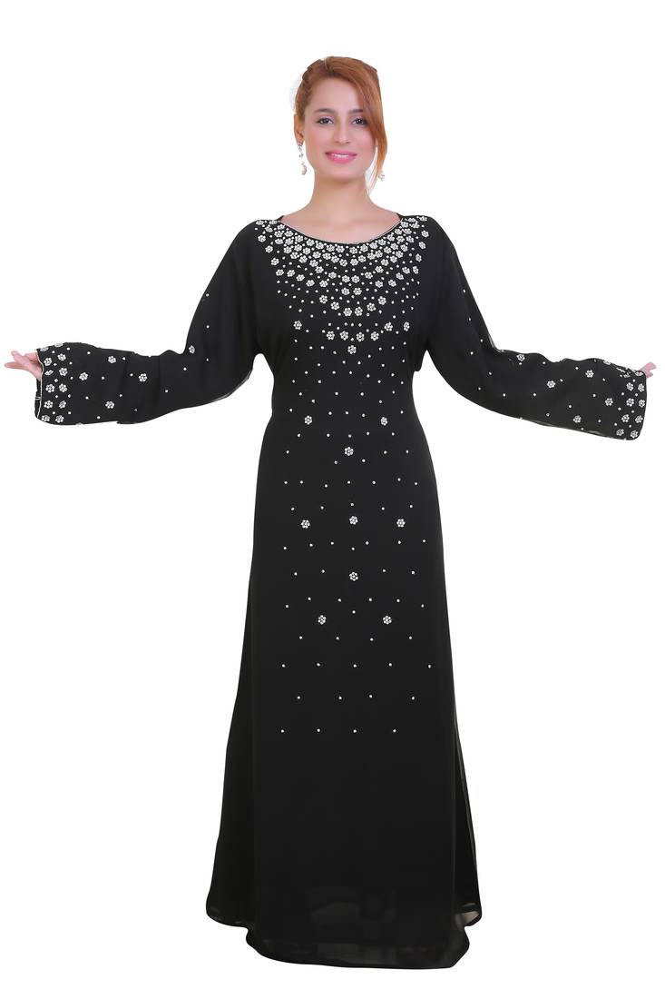 Black Zari Stone Work Georgette Islamic Style Beads Embedded Partywear Kaftan Long Gown Evening wear Dubai kaftan