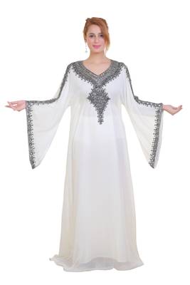 White Zari Stone Work Georgette Islamic Style Beads Embedded Partywear Kaftan Long Gown Evening wear Dubai kaftan 1