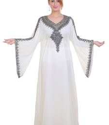 White Zari Stone Work Georgette Islamic Style Beads Embedded Partywear Kaftan Long Gown Evening wear Dubai kaftan