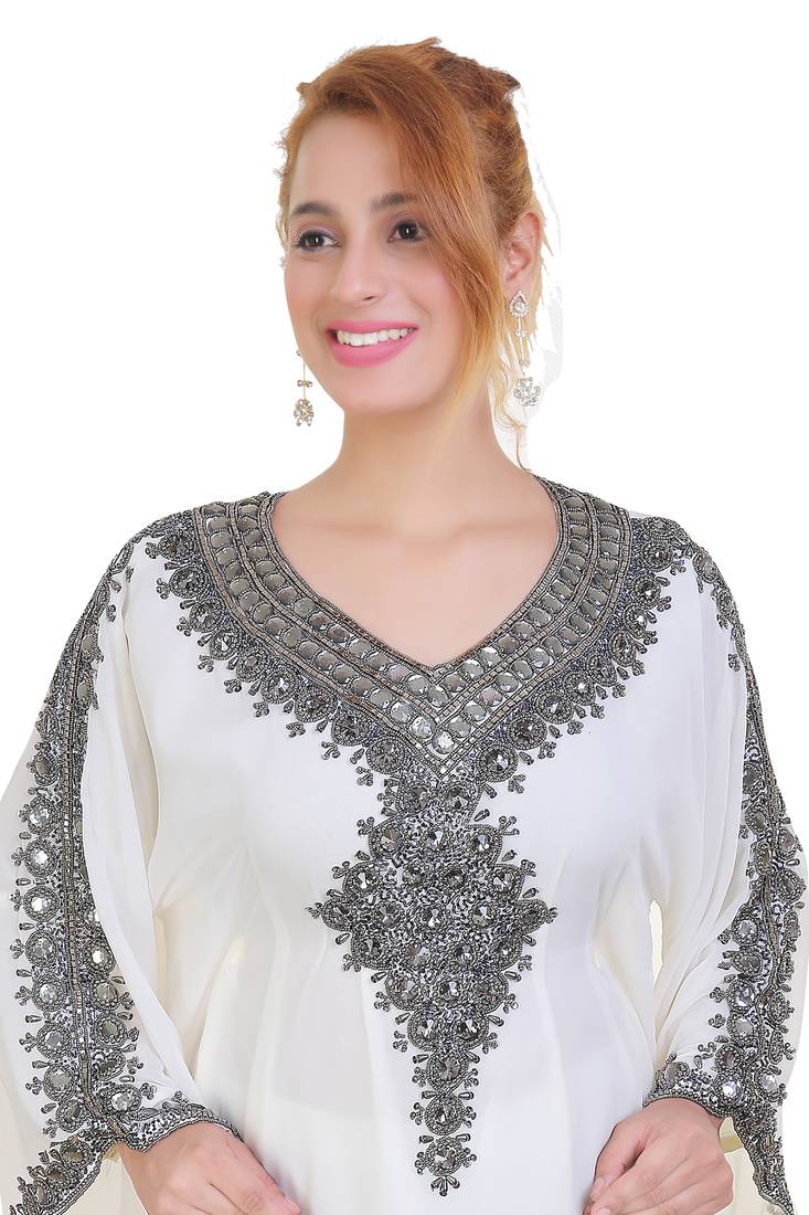 White Zari Stone Work Georgette Islamic Style Beads Embedded Partywear Kaftan Long Gown Evening wear Dubai kaftan