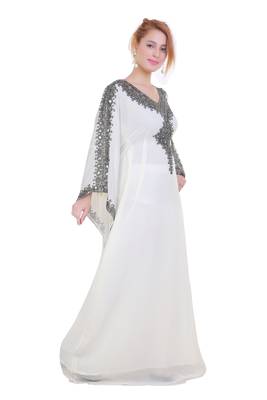 White Zari Stone Work Georgette Islamic Style Beads Embedded Partywear Kaftan Long Gown Evening wear Dubai kaftan 3