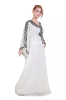 White Zari Stone Work Georgette Islamic Style Beads Embedded Partywear Kaftan Long Gown Evening wear Dubai kaftan