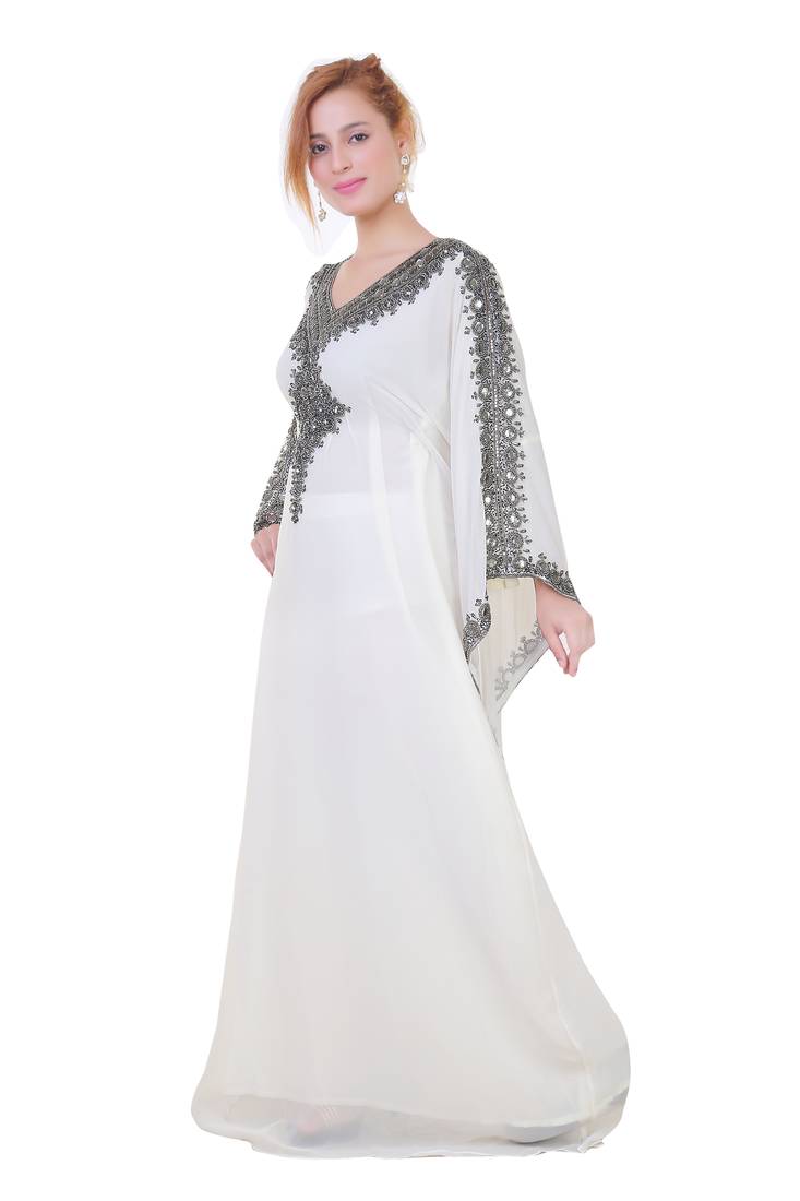 White Zari Stone Work Georgette Islamic Style Beads Embedded Partywear Kaftan Long Gown Evening wear Dubai kaftan