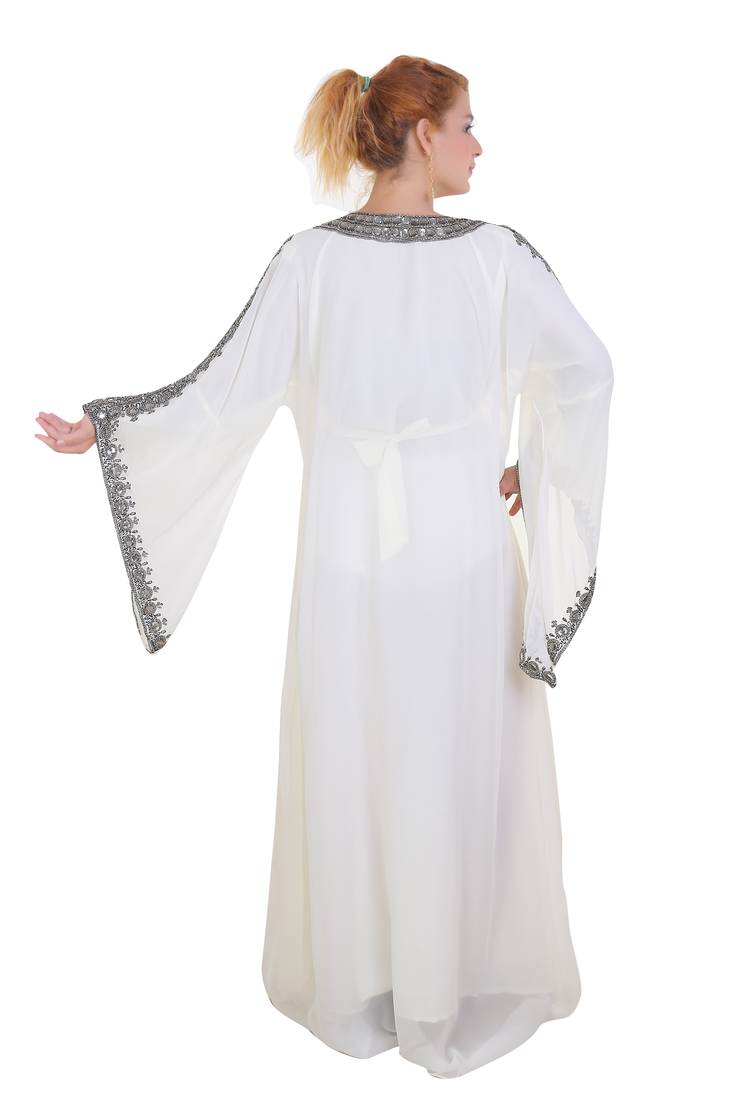 White Zari Stone Work Georgette Islamic Style Beads Embedded Partywear Kaftan Long Gown Evening wear Dubai kaftan