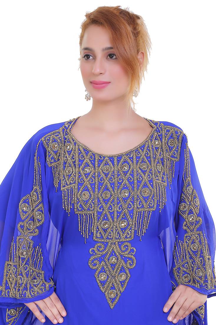 Royal Blue Zari Stone Work Georgette Islamic Style Beads Embedded Partywear Kaftan Long Gown Evening wear Dubai kaftan