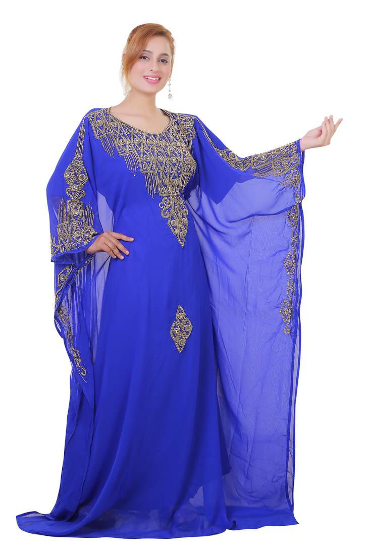 Royal Blue Zari Stone Work Georgette Islamic Style Beads Embedded Partywear Kaftan Long Gown Evening wear Dubai kaftan