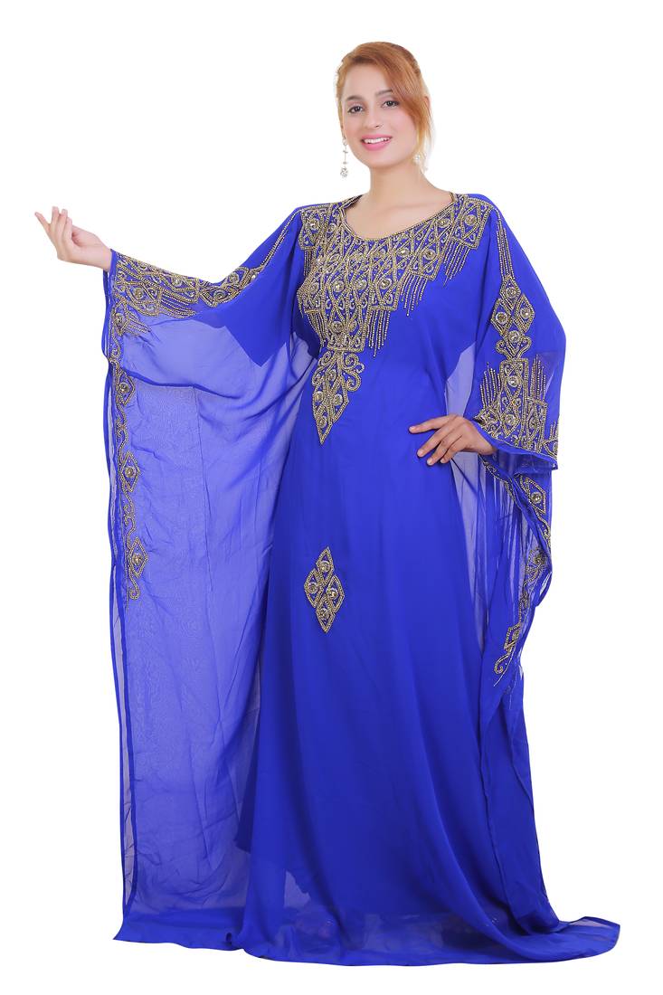 Royal Blue Zari Stone Work Georgette Islamic Style Beads Embedded Partywear Kaftan Long Gown Evening wear Dubai kaftan