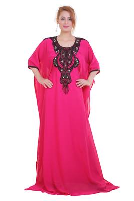 Rani Pink Zari Stone Work Georgette Islamic Style Beads Embedded Partywear Kaftan Long Gown Evening wear Dubai kaftan 1
