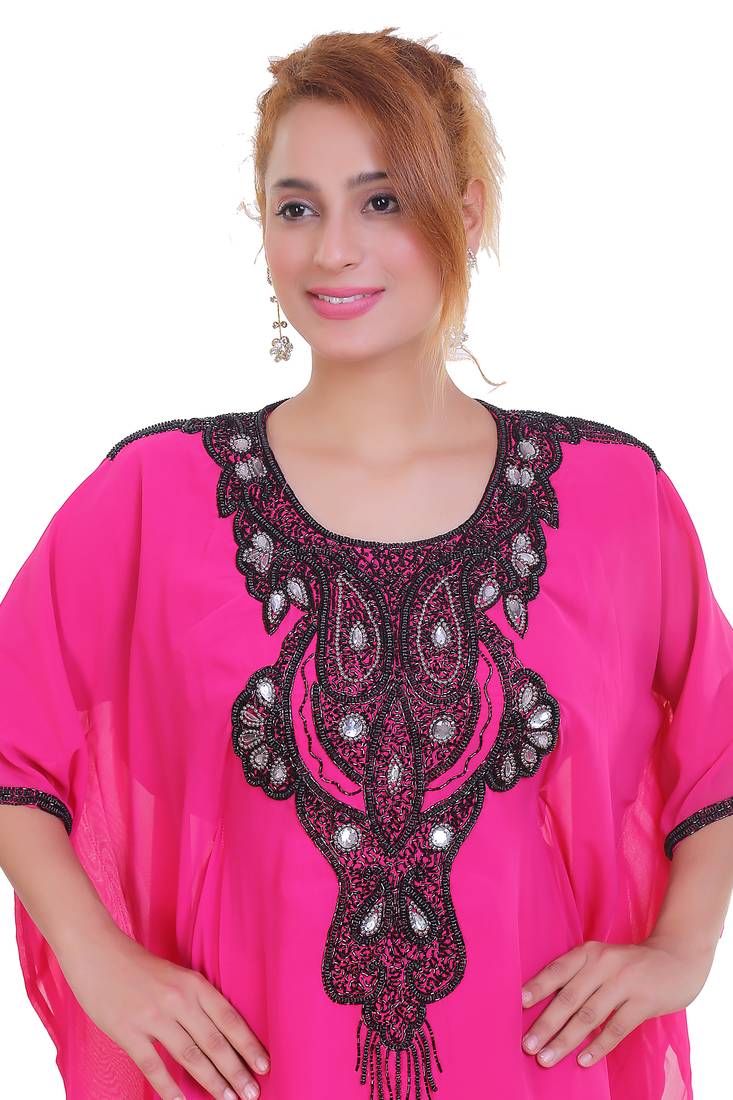 Rani Pink Zari Stone Work Georgette Islamic Style Beads Embedded Partywear Kaftan Long Gown Evening wear Dubai kaftan