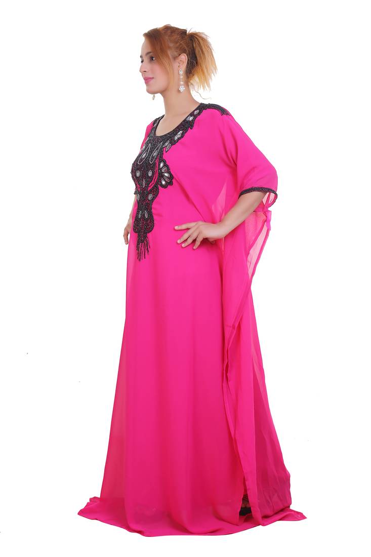 Rani Pink Zari Stone Work Georgette Islamic Style Beads Embedded Partywear Kaftan Long Gown Evening wear Dubai kaftan