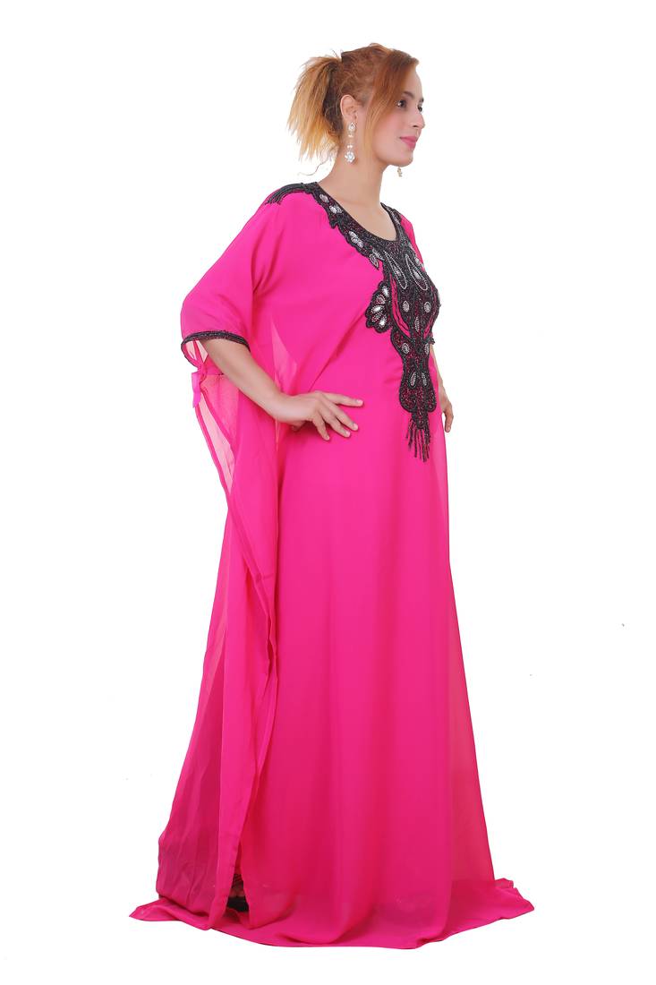 Rani Pink Zari Stone Work Georgette Islamic Style Beads Embedded Partywear Kaftan Long Gown Evening wear Dubai kaftan