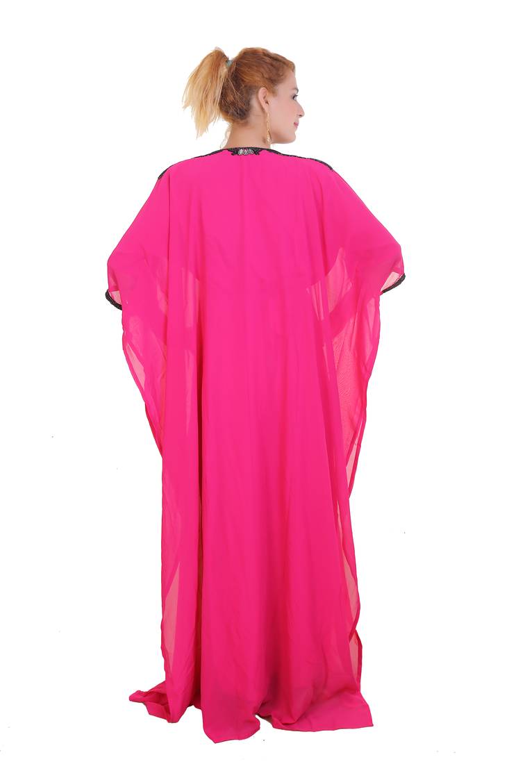 Rani Pink Zari Stone Work Georgette Islamic Style Beads Embedded Partywear Kaftan Long Gown Evening wear Dubai kaftan