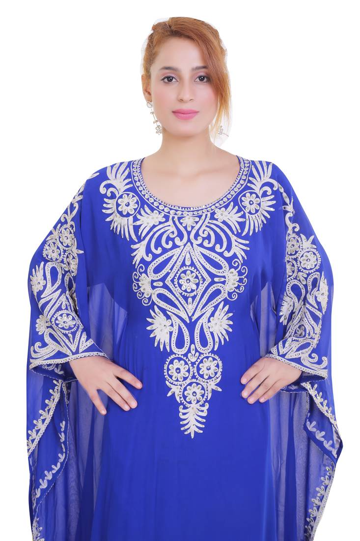 Royal Blue Aari Stone Work Georgette Islamic Style Beads Embedded Partywear Kaftan Long Gown Evening wear Dubai kaftan