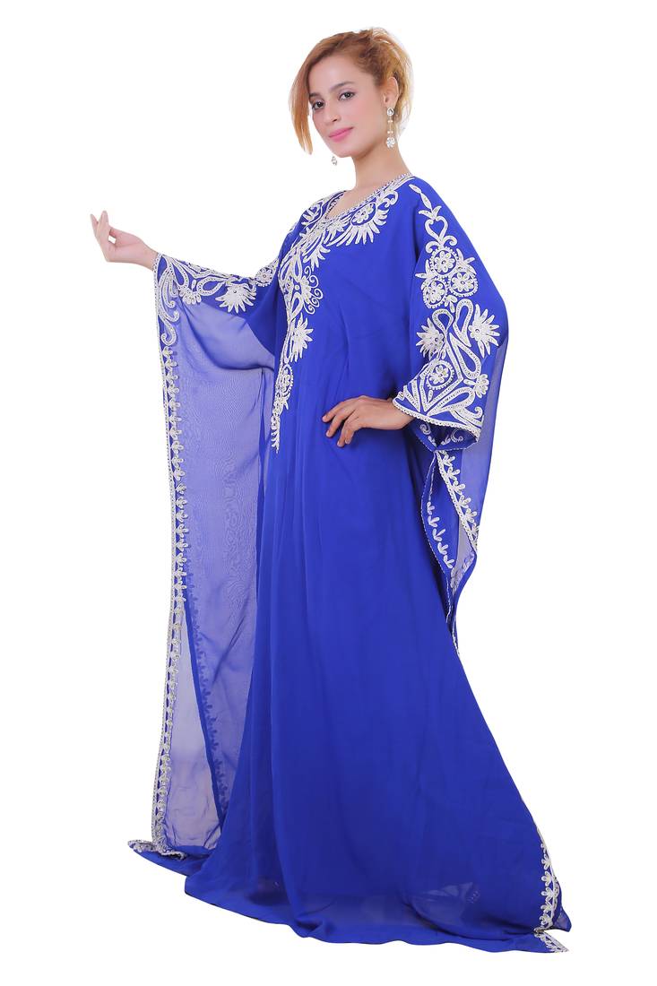 Royal Blue Aari Stone Work Georgette Islamic Style Beads Embedded Partywear Kaftan Long Gown Evening wear Dubai kaftan