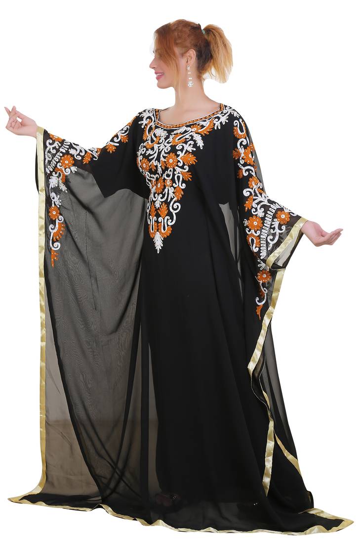 Black Aari Stone Work Georgette Islamic Style Beads Embedded Partywear Kaftan Long Gown Evening wear Dubai kaftan