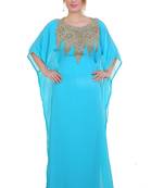 Blue/ferozi Zari Stone Work Georgette Islamic Style Beads Embedded Partywear Kaftan Long Gown Evening wear Dubai kaftan