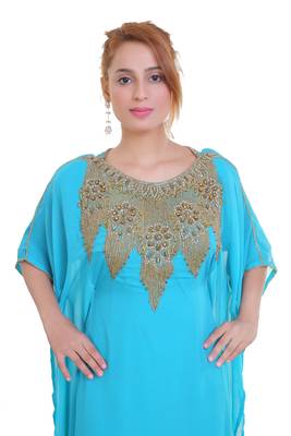 Blue/ferozi Zari Stone Work Georgette Islamic Style Beads Embedded Partywear Kaftan Long Gown Evening wear Dubai kaftan 2