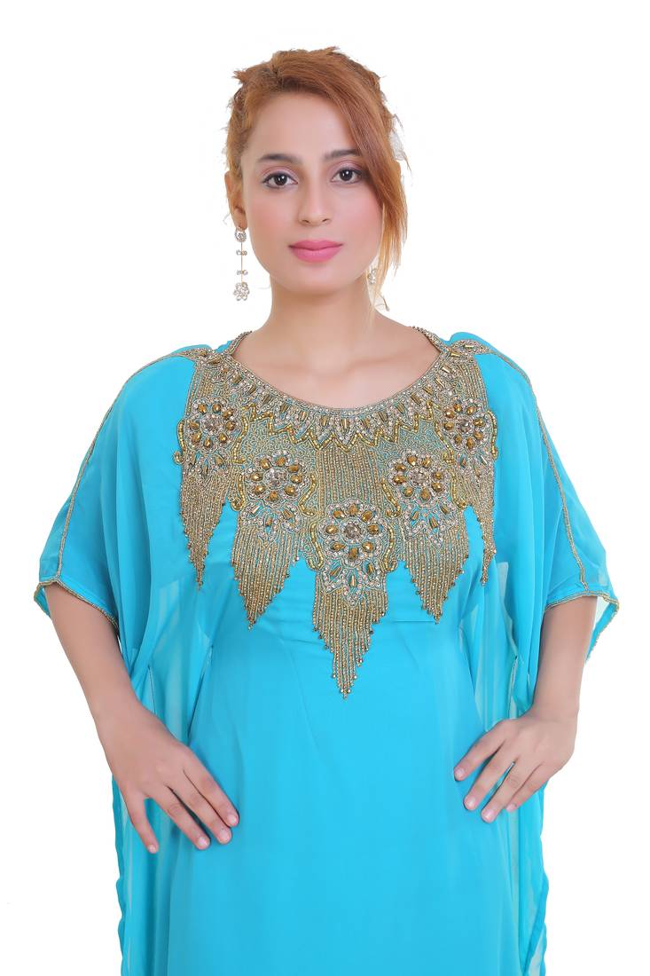 Blue/ferozi Zari Stone Work Georgette Islamic Style Beads Embedded Partywear Kaftan Long Gown Evening wear Dubai kaftan