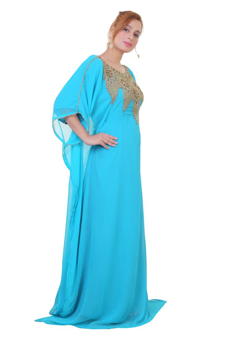 Blue/ferozi Zari Stone Work Georgette Islamic Style Beads Embedded Partywear Kaftan Long Gown Evening wear Dubai kaftan