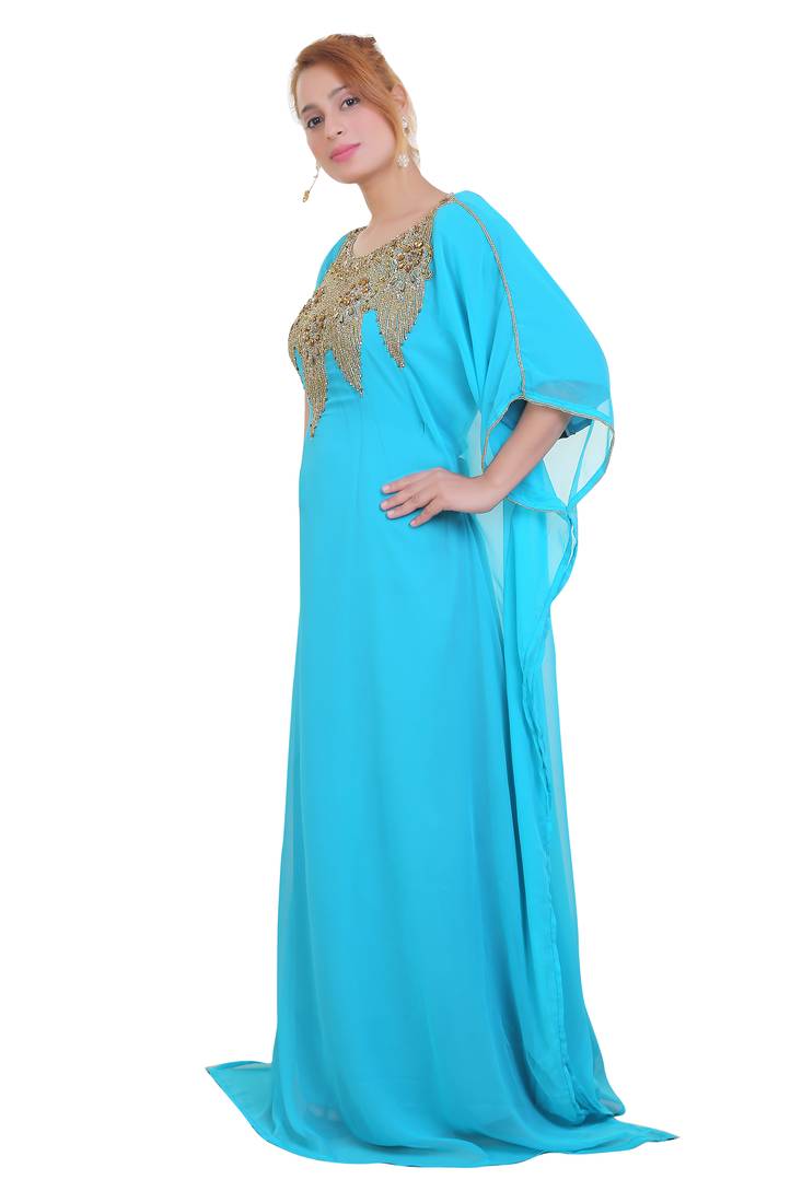 Blue/ferozi Zari Stone Work Georgette Islamic Style Beads Embedded Partywear Kaftan Long Gown Evening wear Dubai kaftan