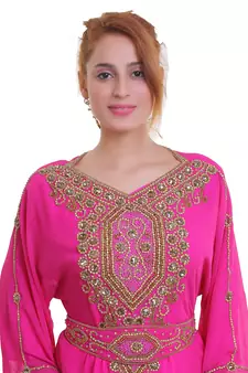 Rani Pink Zari Stone Work Georgette Islamic Style Beads Embedded Partywear Kaftan Long Gown Evening wear Dubai kaftan