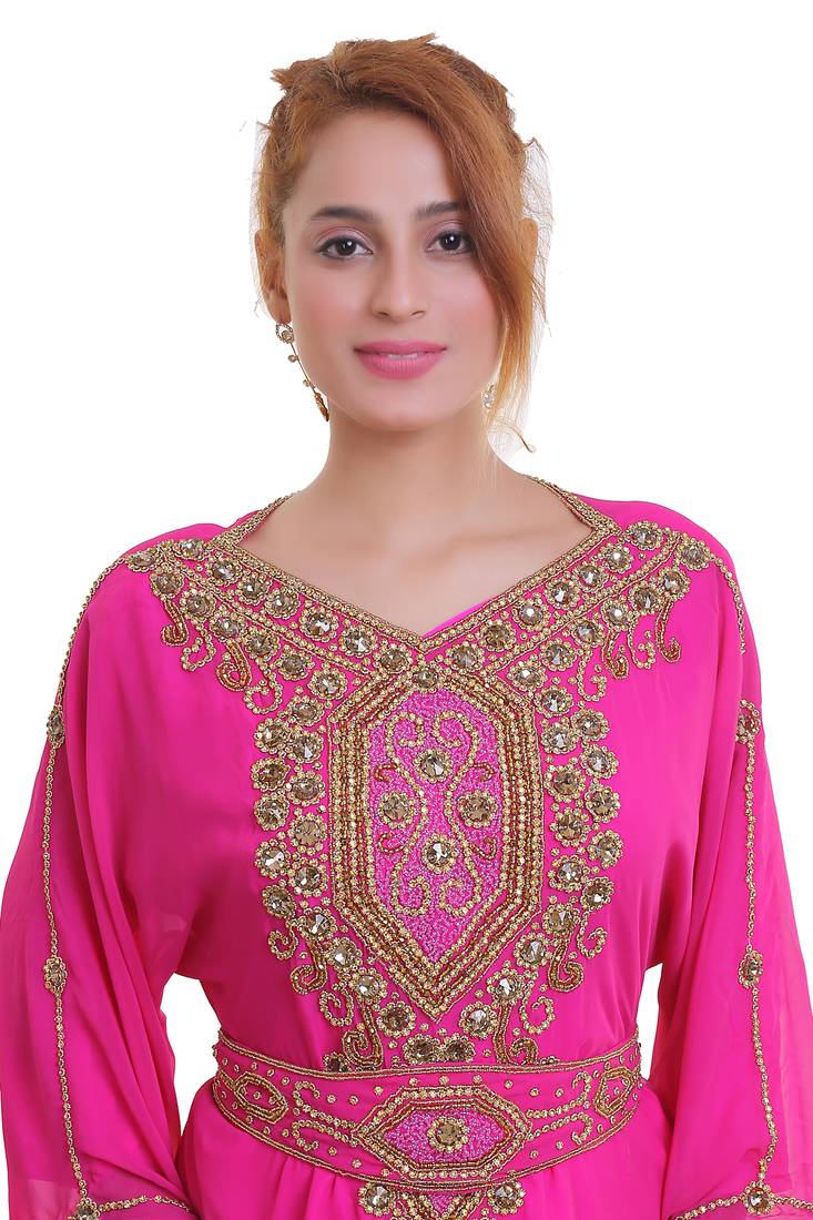 Rani Pink Zari Stone Work Georgette Islamic Style Beads Embedded Partywear Kaftan Long Gown Evening wear Dubai kaftan