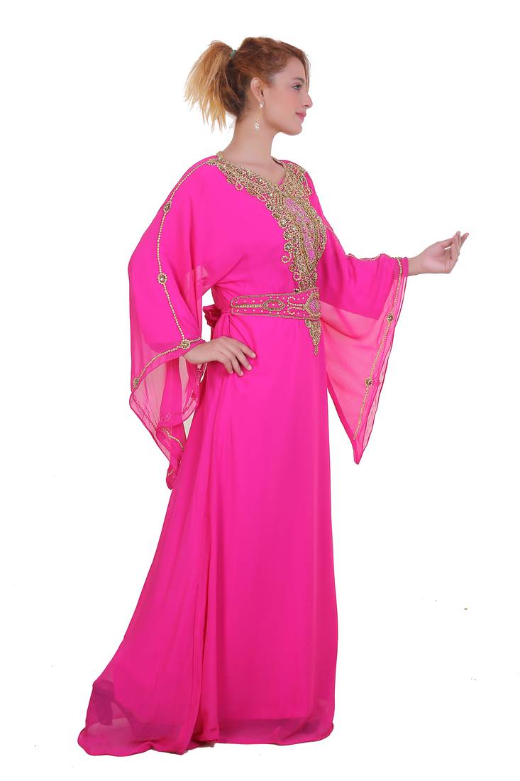 Rani Pink Zari Stone Work Georgette Islamic Style Beads Embedded Partywear Kaftan Long Gown Evening wear Dubai kaftan