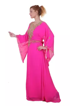 Rani Pink Zari Stone Work Georgette Islamic Style Beads Embedded Partywear Kaftan Long Gown Evening wear Dubai kaftan