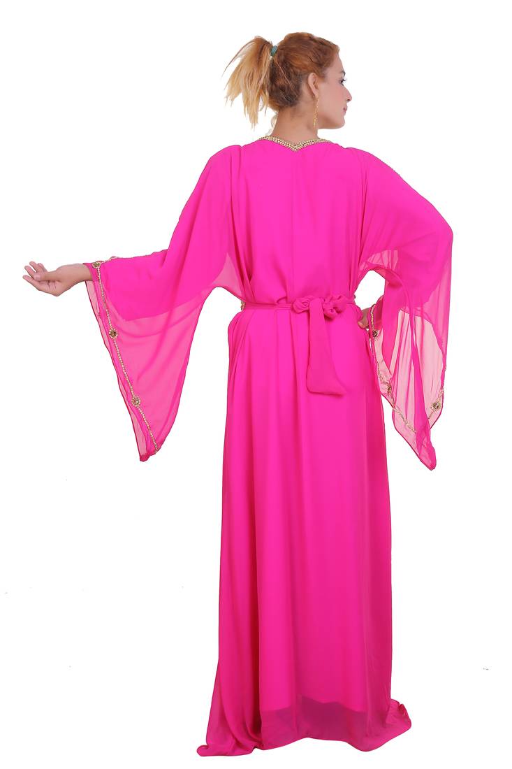 Rani Pink Zari Stone Work Georgette Islamic Style Beads Embedded Partywear Kaftan Long Gown Evening wear Dubai kaftan