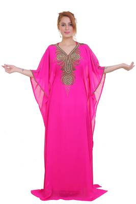 Rani Pink Zari Stone Work Georgette Islamic Style Beads Embedded Partywear Kaftan Long Gown Evening wear Dubai kaftan 1