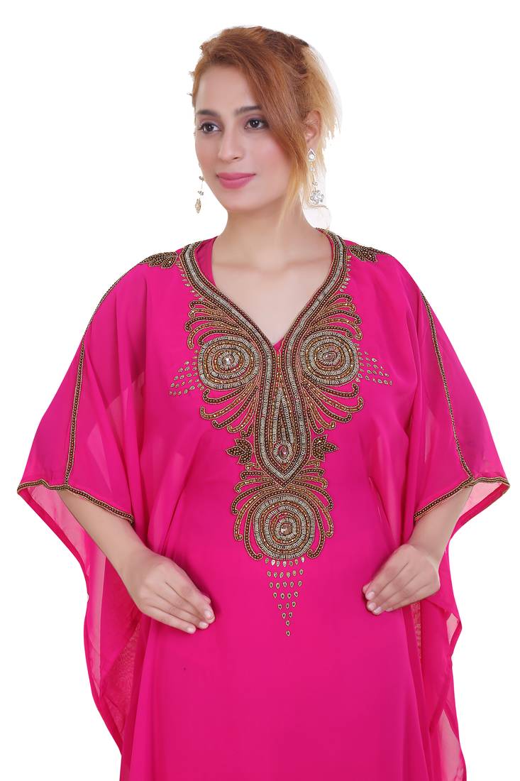Rani Pink Zari Stone Work Georgette Islamic Style Beads Embedded Partywear Kaftan Long Gown Evening wear Dubai kaftan