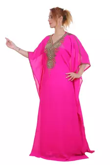 Rani Pink Zari Stone Work Georgette Islamic Style Beads Embedded Partywear Kaftan Long Gown Evening wear Dubai kaftan