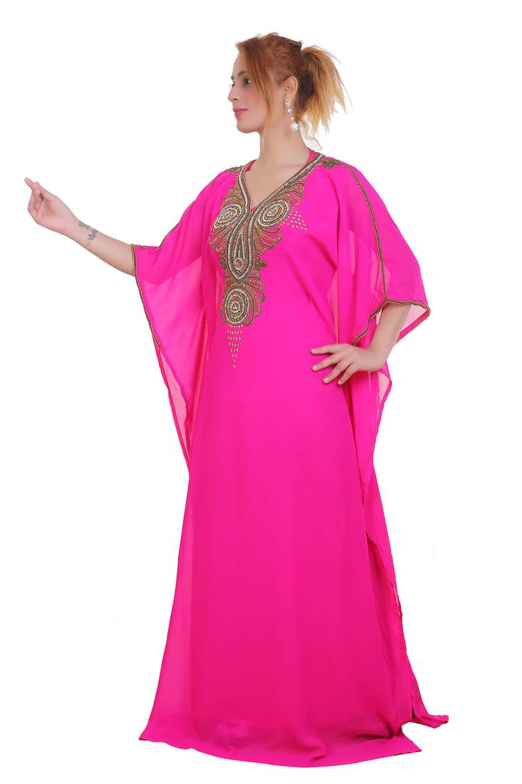 Rani Pink Zari Stone Work Georgette Islamic Style Beads Embedded Partywear Kaftan Long Gown Evening wear Dubai kaftan