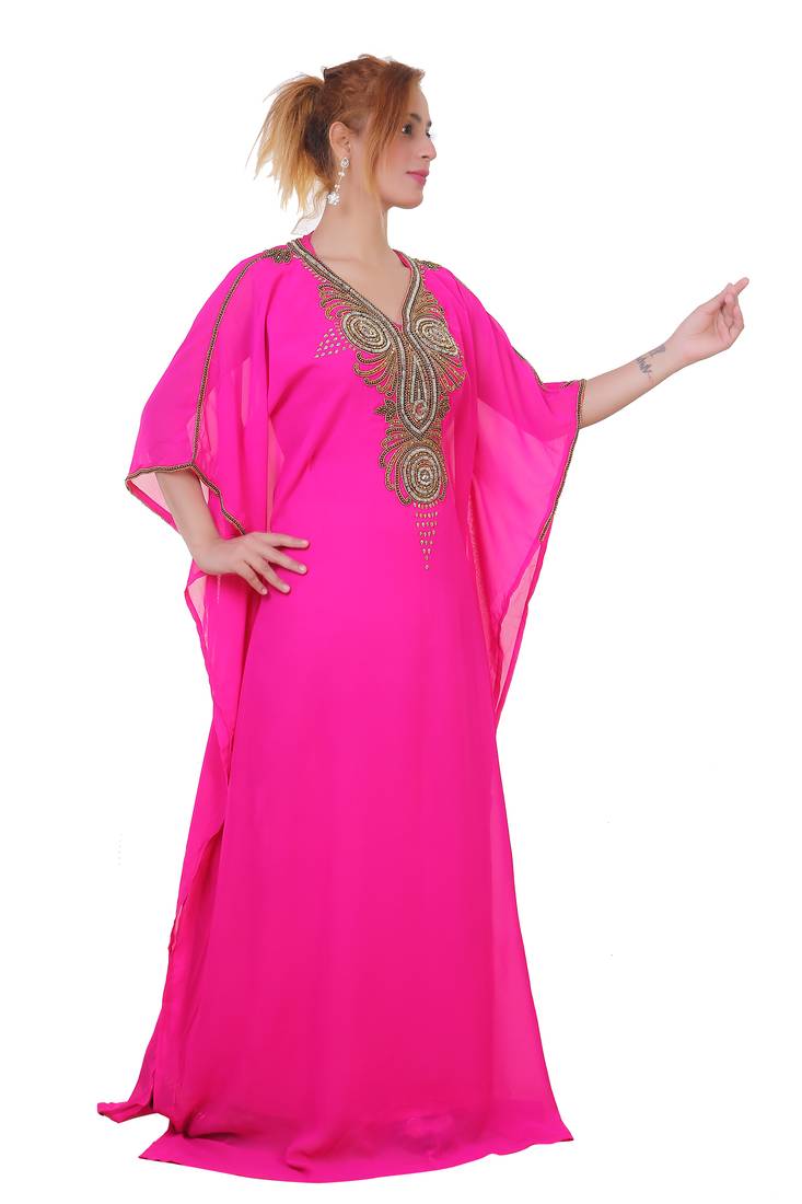 Rani Pink Zari Stone Work Georgette Islamic Style Beads Embedded Partywear Kaftan Long Gown Evening wear Dubai kaftan