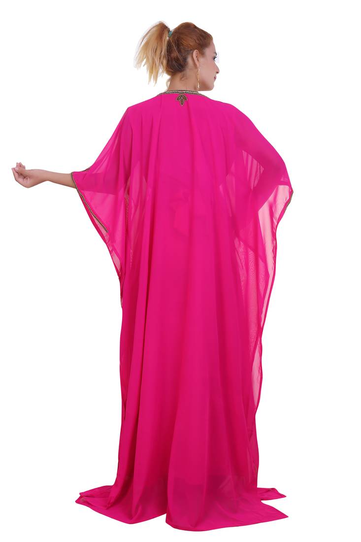 Rani Pink Zari Stone Work Georgette Islamic Style Beads Embedded Partywear Kaftan Long Gown Evening wear Dubai kaftan