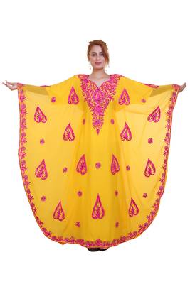 Yellow Aari Work Georgette Islamic Style Beads Embedded Partywear Kaftan Long Gown Evening wear Dubai kaftan 1