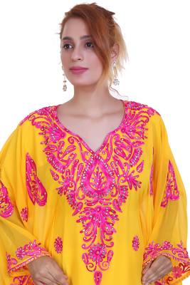 Yellow Aari Work Georgette Islamic Style Beads Embedded Partywear Kaftan Long Gown Evening wear Dubai kaftan 2