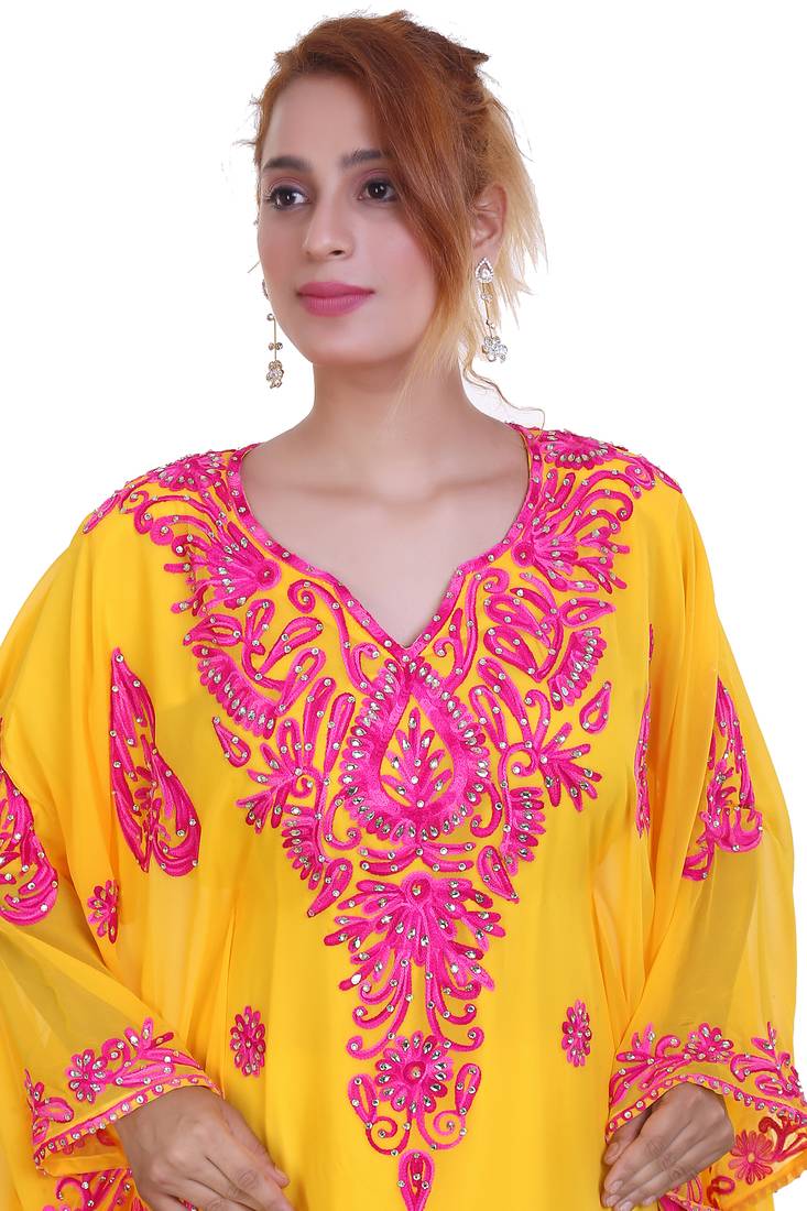 Yellow Aari Work Georgette Islamic Style Beads Embedded Partywear Kaftan Long Gown Evening wear Dubai kaftan