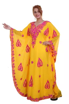 Yellow Aari Work Georgette Islamic Style Beads Embedded Partywear Kaftan Long Gown Evening wear Dubai kaftan